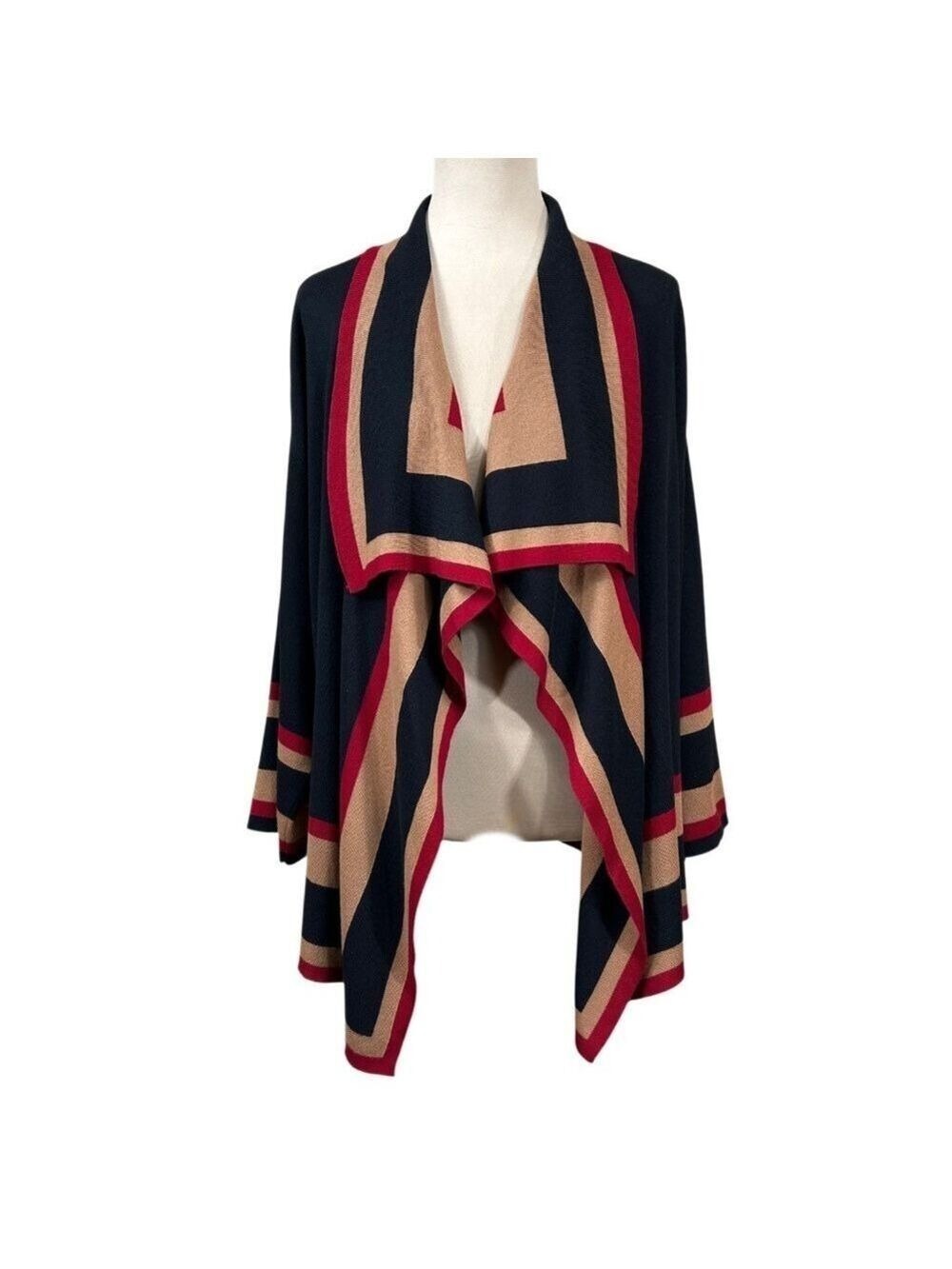 Anne Klein Black Red Tan Color Blocked Shawl Collar Cardigan Sweater Size L/XL